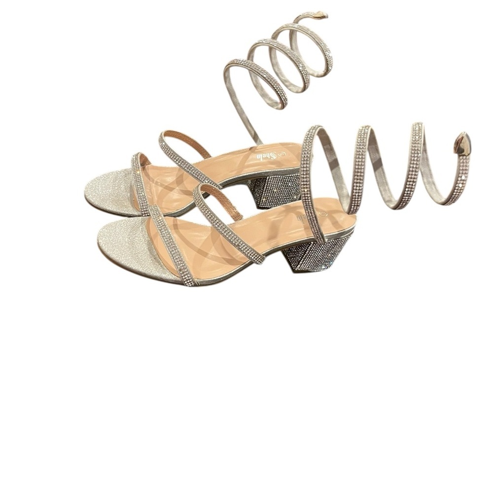 SHEIN Silver Rhinestone Spiral Wrap Block Heel Sandals